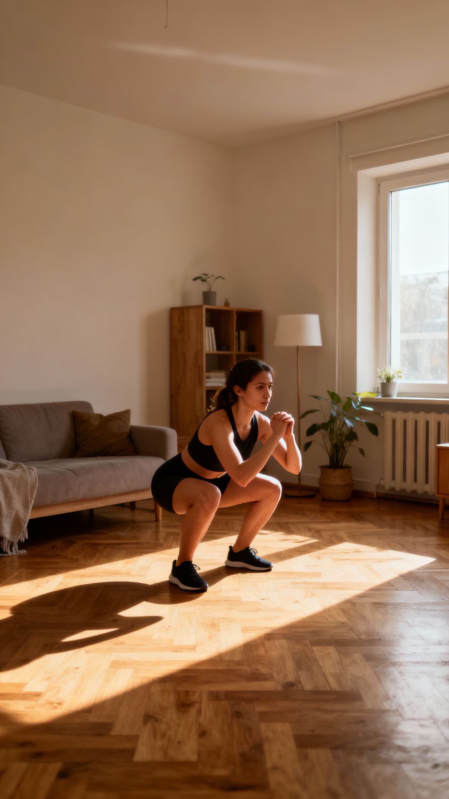 Woman doing bodyweight squats in small living room, no equipment, natural morning light